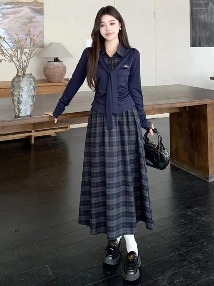 

Новый осенне-зимний женский комплект из двух предметов: вязаный кардиган в клетку и юбка в стиле преппи, больших размеров