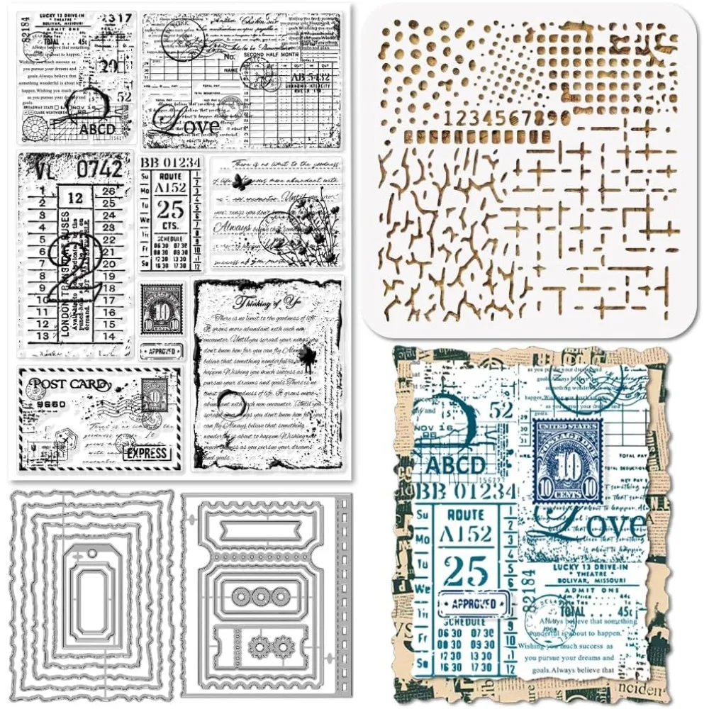 Transparente Stempel mit Vintage-Text-Hintergrund, Metall, rechteckiger Rahmen, Stanzformen, PET-Farbe, Bastelschablonen für die Kartenherstellung, Heimwerken