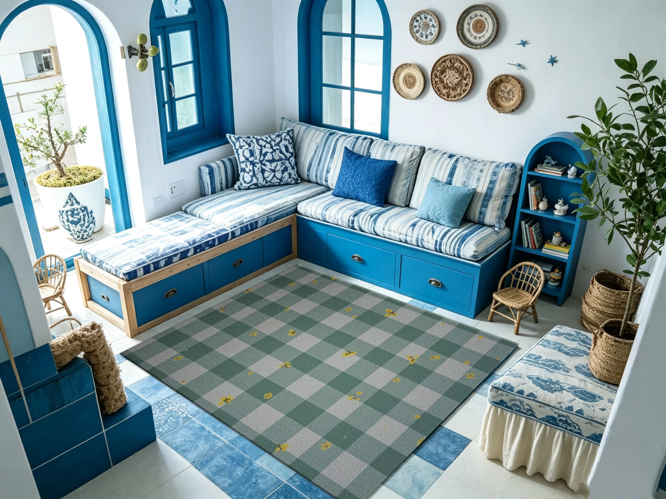 Green and White Checkered Carpet with Yellow Floral Pattern, Fresh and Rustic Farmhouse Style, Suitable for Living Room, Bedroom, and Home Decor.