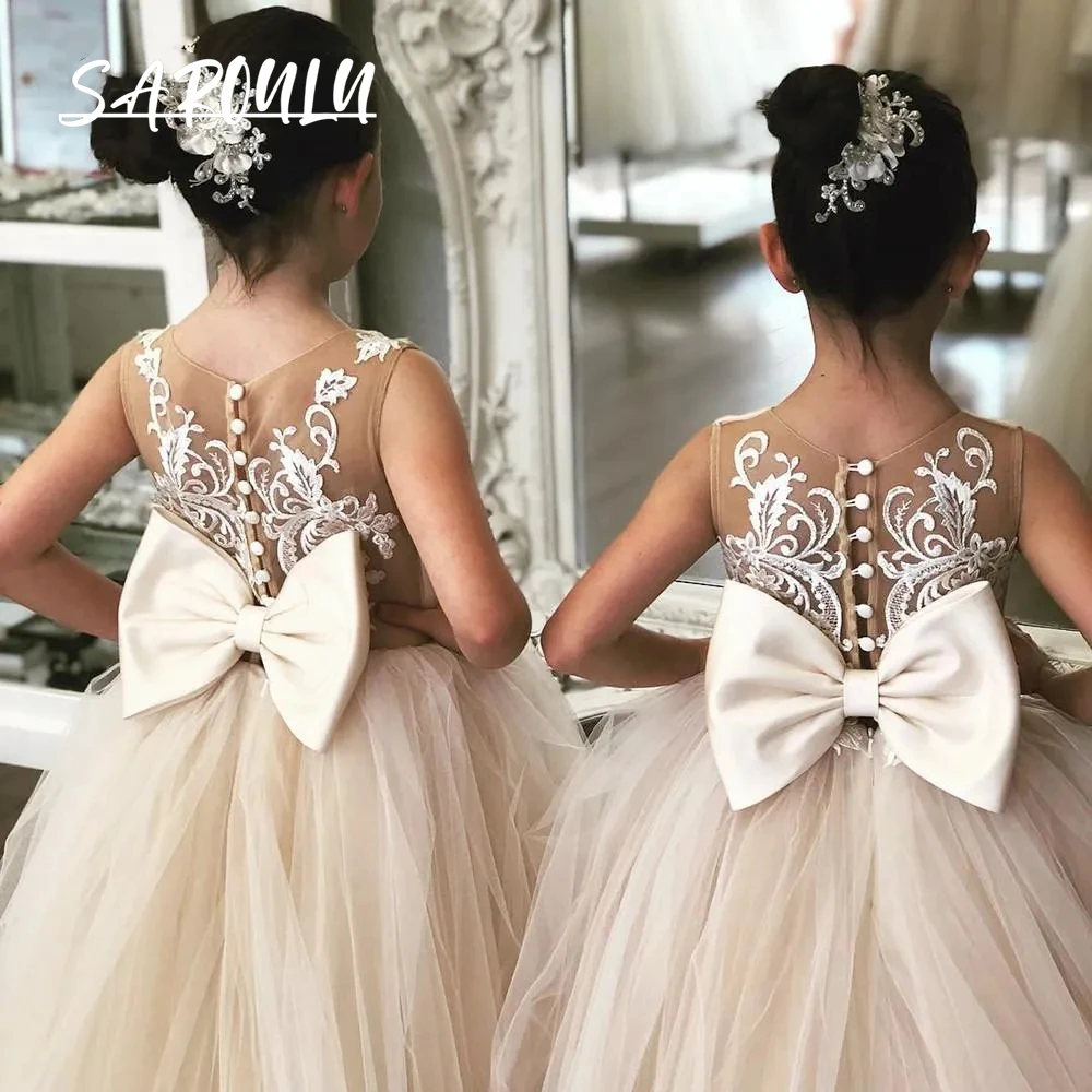 Cute Blush Pink Flower Girls Dresses Long Sleeves For Weddings Lace Appliques Ball Gown Birthday Girl Communion Pageant Gowns