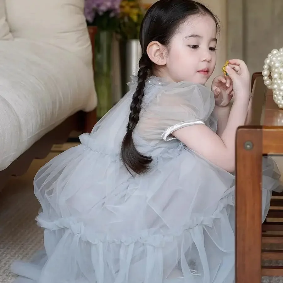 Girls' Grey Dress Summer 2026 New Style Children's Short sleeved Bow Beautiful Temperament Princess Dress