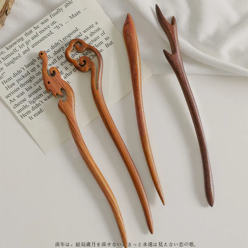 1Pc Red Sandalwood Hair Pins and Clips Wooden Hair Sticks Forks Hand Carved Hairpins Headpiece Women Headwear Hair Accessories