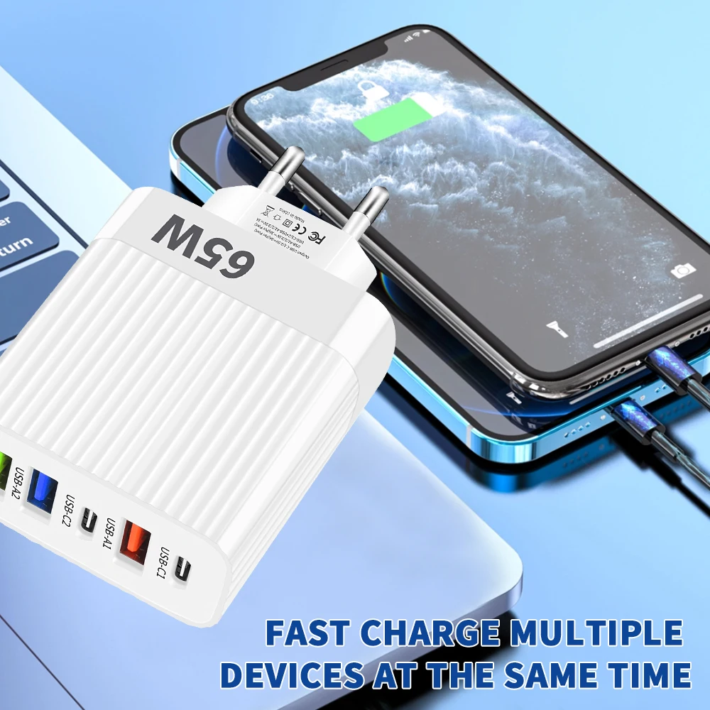 PD 65 واط منافذ متعددة شحن سريع شاحن USB نوع C الاتحاد الأوروبي/الولايات المتحدة التوصيل محول الطاقة المحمولة 5 في 1 شاحن سريع الجدار نوع C #3