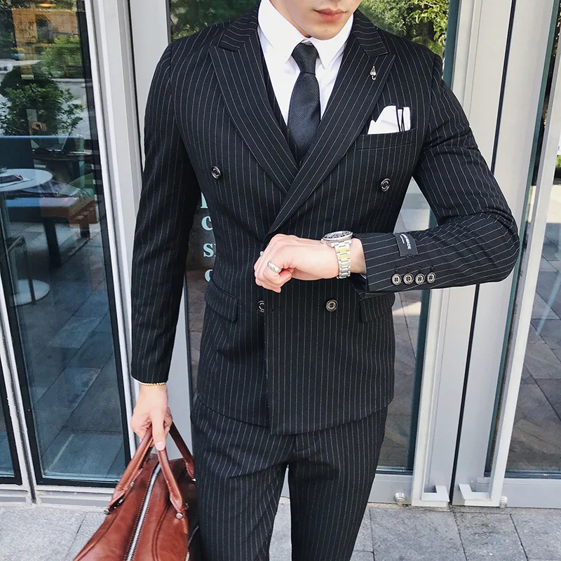 Jacket Vest Pants Boutique Stripe Formal Business Mens Suit 3 Piece 2 Piece set Groom\'s Wedding Dress Suit Navy Blue Black Gray