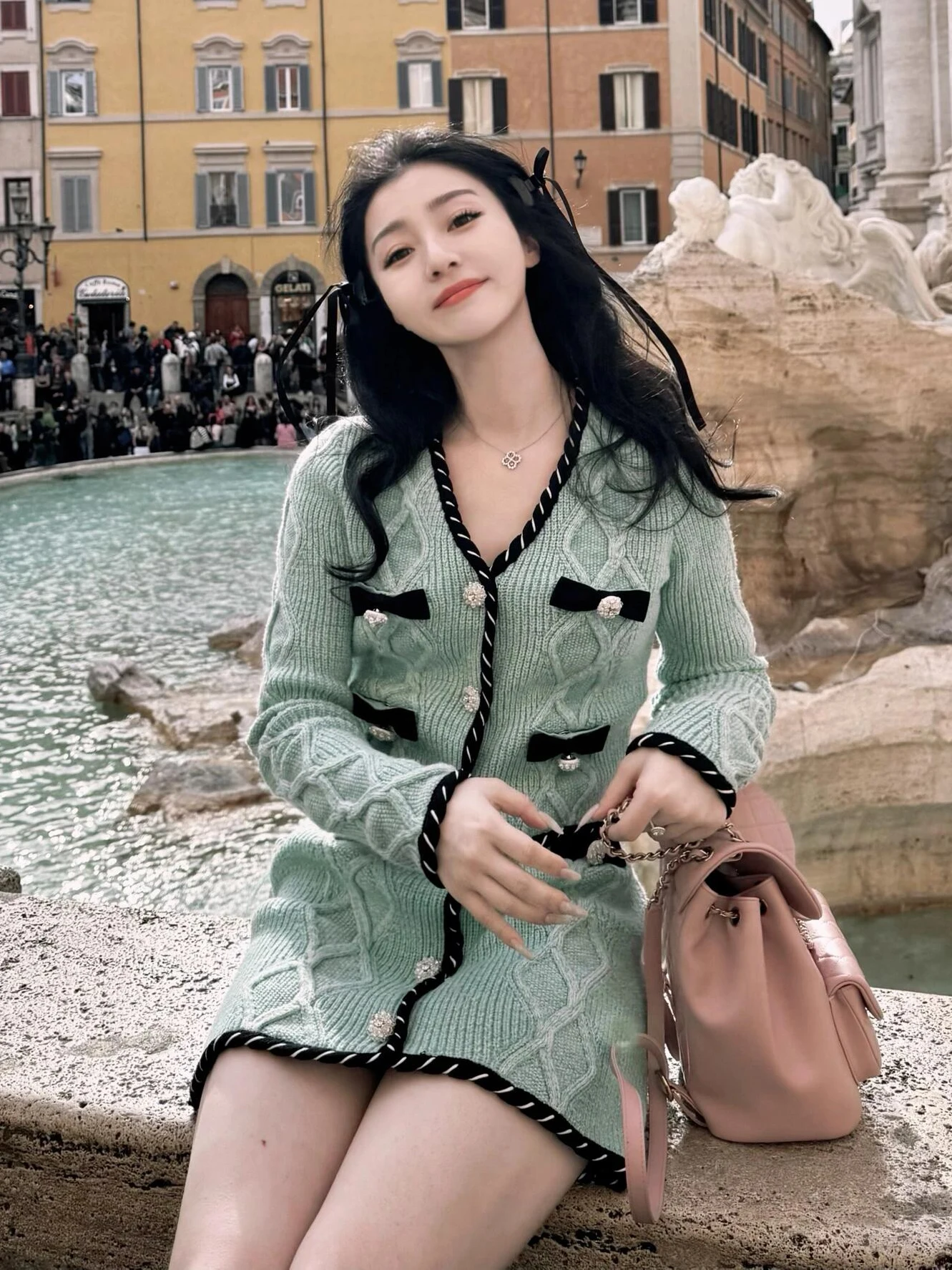 

Mint Green Christmas Day Knitted Top And Half-length Skirt Set Women's Fashion Ensemble Long Sleeve Button Closure Four Seasons