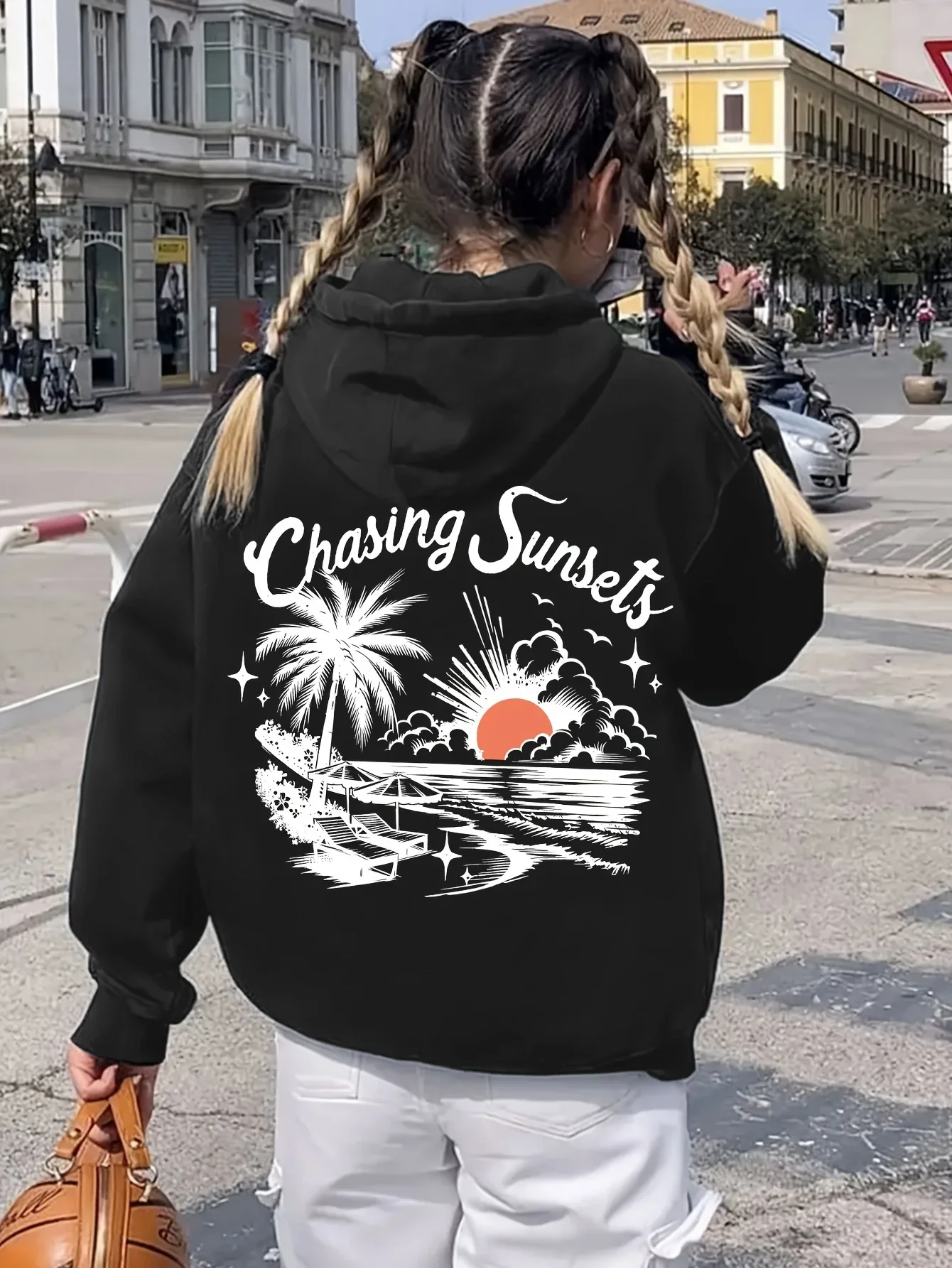 Girls' Fall Winter Fashion Beach And Sunset Print Casual Long Sleeve Hooded Sweatshirt