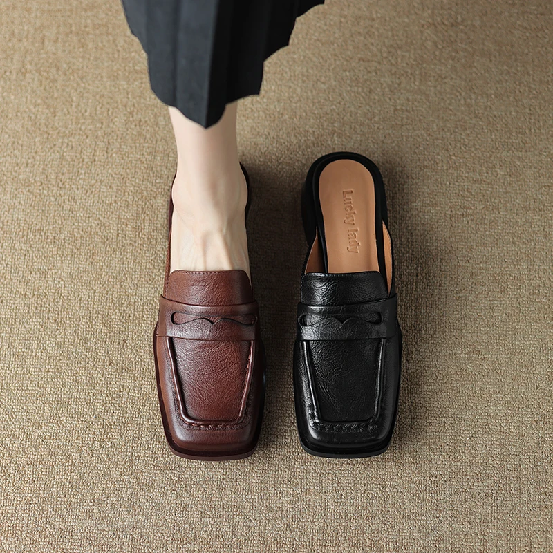 

Genuine Leather Cowhide Women Shoes Retro Mules Shoes Square Toe Slippers Women Cover Toe Casual Shoes Zapatos De Mujer