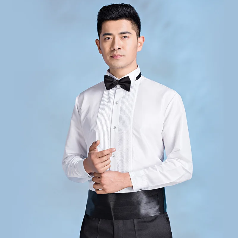 

Performance Fold Dress Men Shirt(With Bow Tie) Long Sleeved Stage All Seasons Quality Solid Fashion White Host Camisas De Hombre