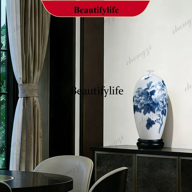 E153 Chinese ceramic hand-painted peony vase home living room study decoration collection ornament housewarming gift