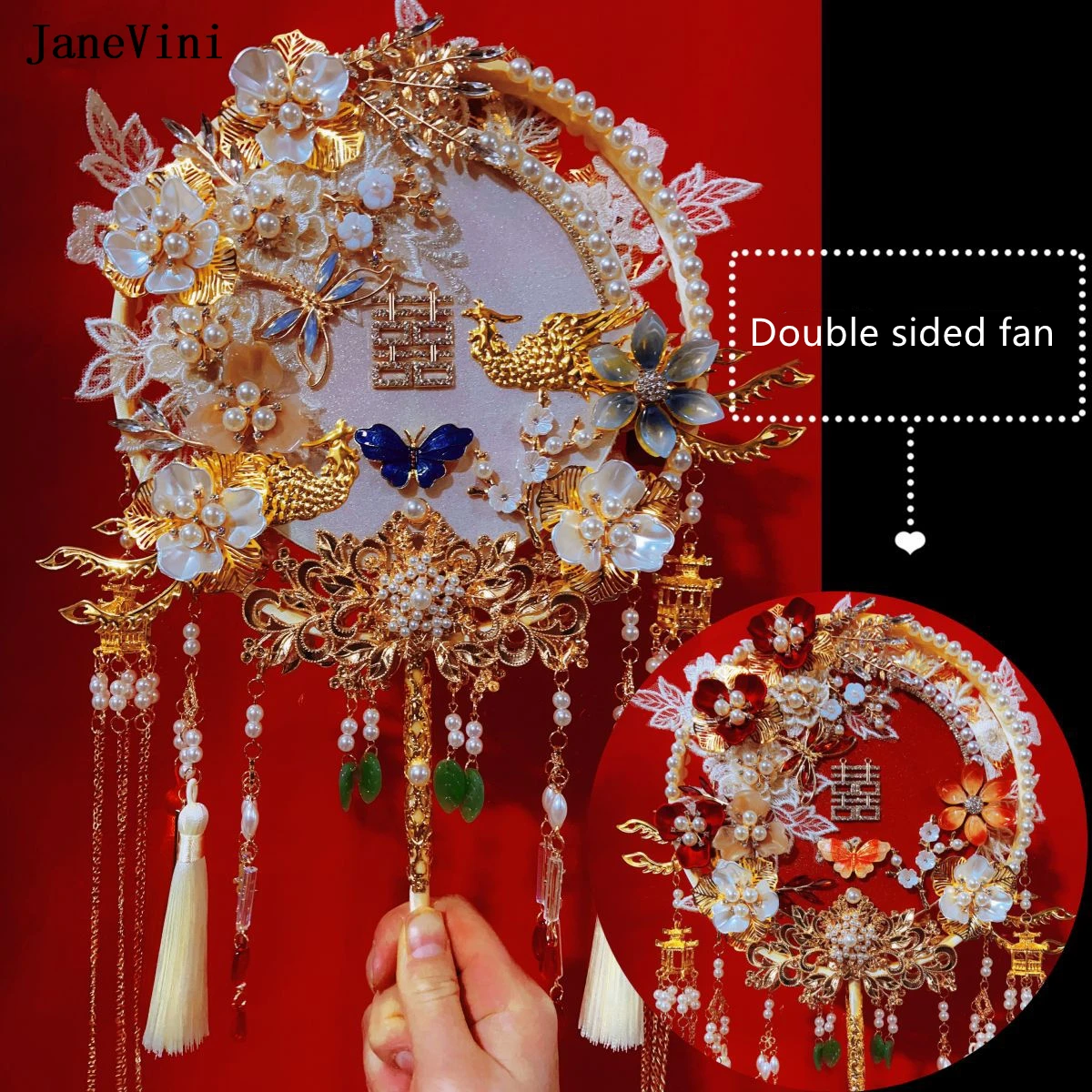 JaneVini Luxury Chinese Red Bridal Bouquets Fan Handmade Flowers Crystal Pearls Double Sided Fan Long Handle Wedding Accessories