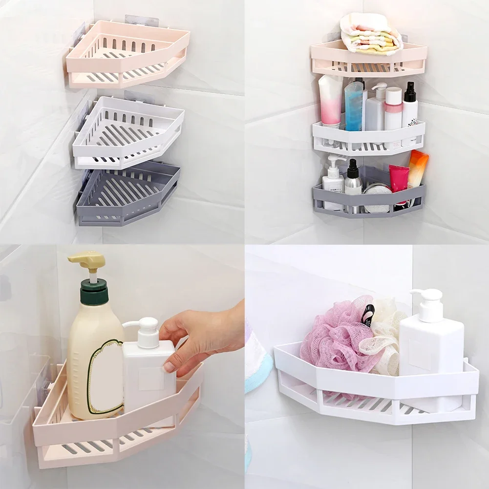 1pc Bathroom Shelf Bathroom Corner Triangle Basket Shower Room Storage Rack Wall Mounted Punching