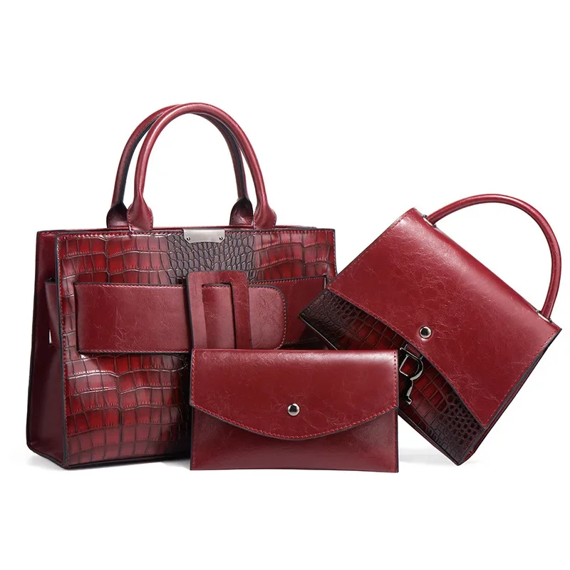 TRAVEASY 2024 PU Leather Classic 3 Pcs Set Box Bag Women Crocodile Pattern Square Buckle Ladies Purses Shoulder Bag and Handbags