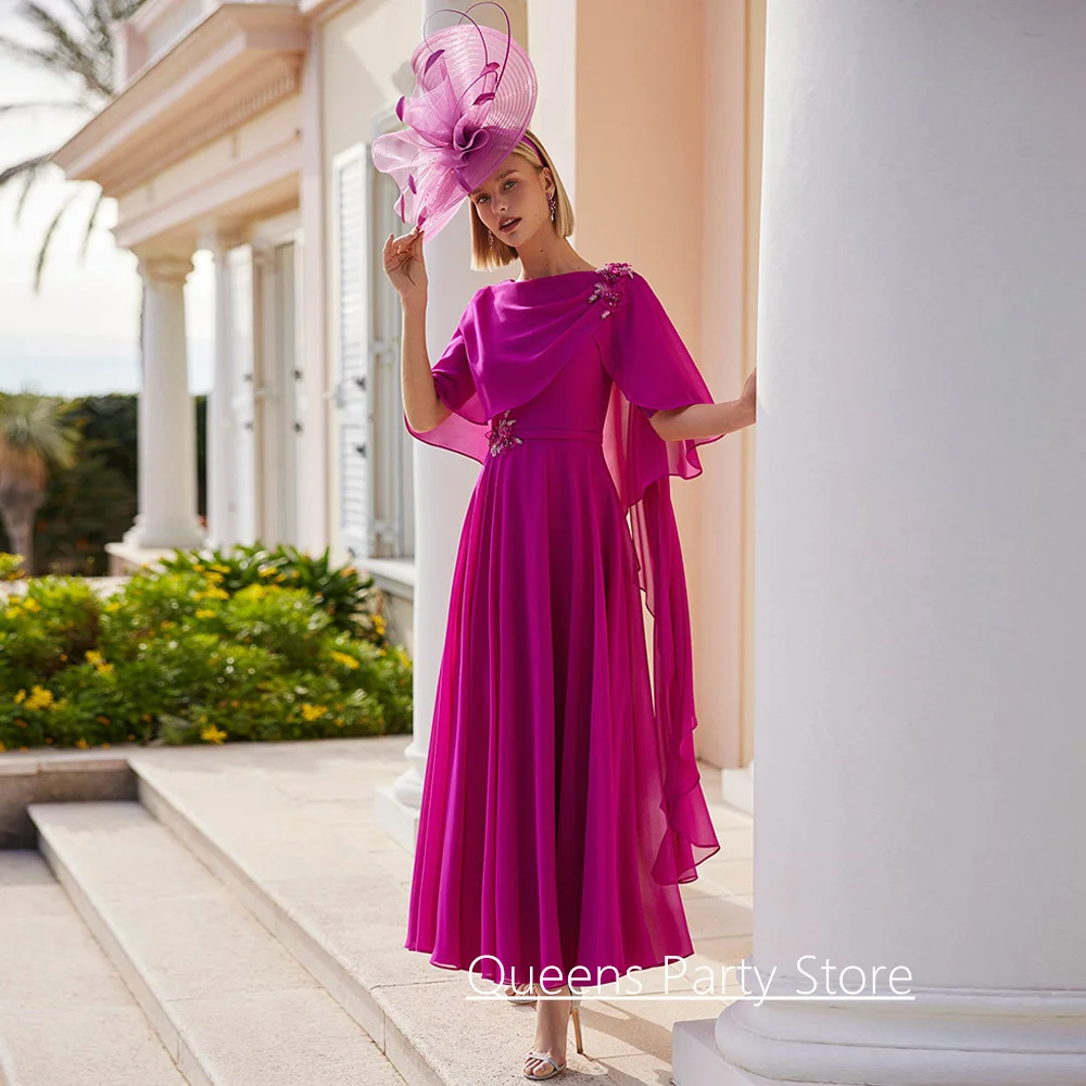 

Summer Woman Wedding Guest Dresses Customized Round Neck Beading Chiffon A Line Ankle Length Mother of The Bride Dress