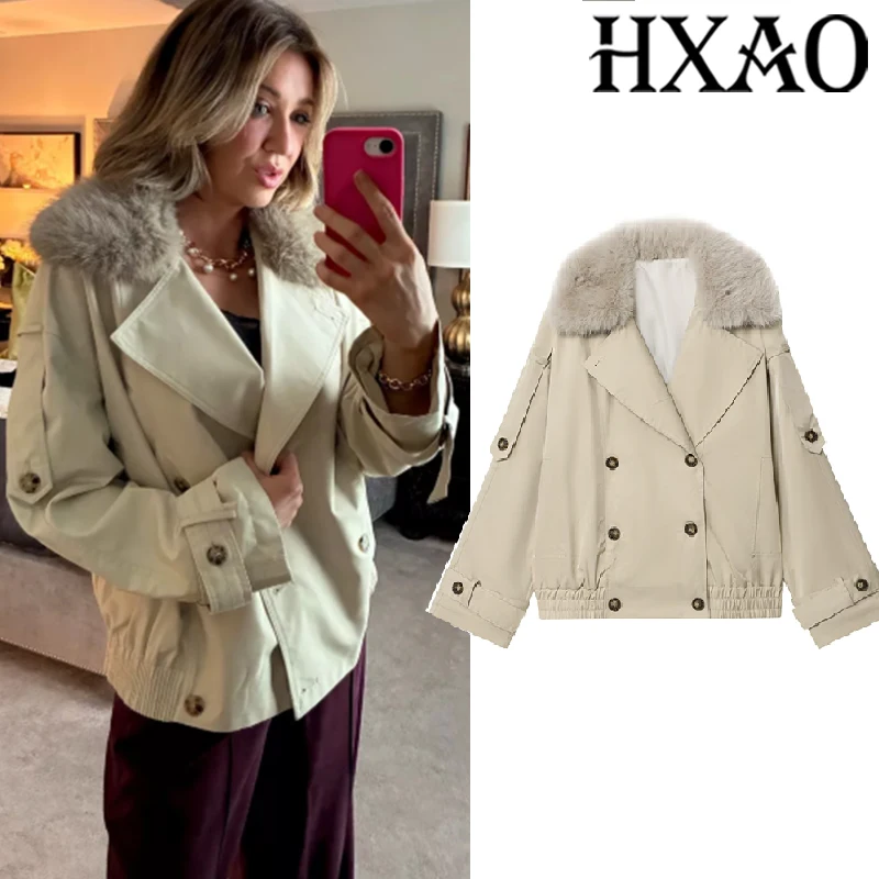 HXAO Vrouwen Jas Windscherm Jassen Demi-Seizoen Nepbontjas Lange Mouw Bomberjacks Double Breasted Crop Grote Maat Bovenkleding