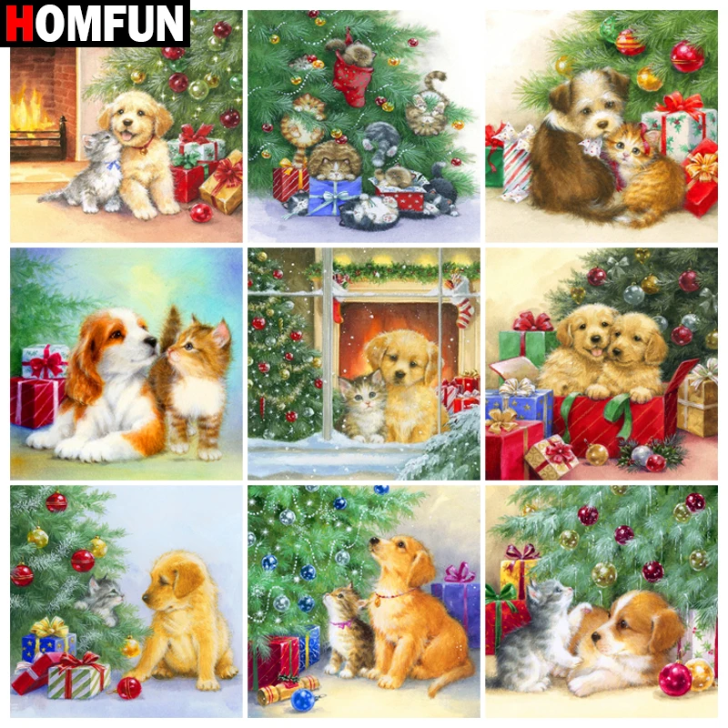 

HOMFUN Diy 5d алмазная живопись "Собака Рождественское животное" вышивка крестиком квадратная круглая Алмазная вышивка ручная работа искусство со стразами