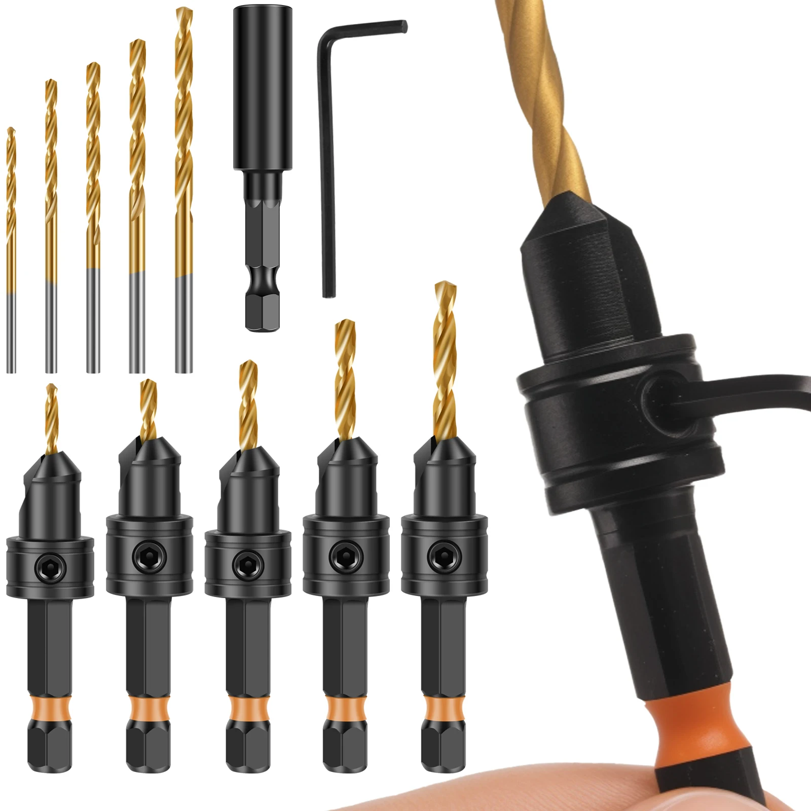 

5Pcs High Speed Steel Counter Sink Drill Bit Set with replaceable bits magnetic holder L-wrench Power drill compatible for fast