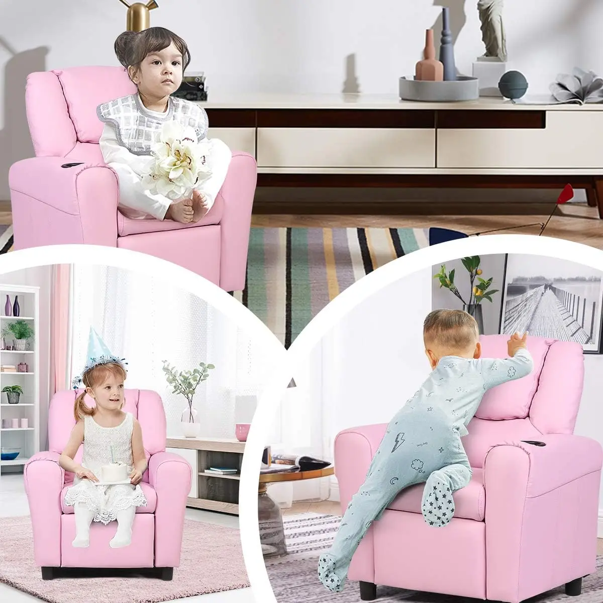 Kursi Recliner anak dengan tempat gelas, furnitur kamar balita sandaran tangan anak-anak Sofa dengan sandaran tangan & sandaran kaki untuk anak perempuan anak laki-laki B