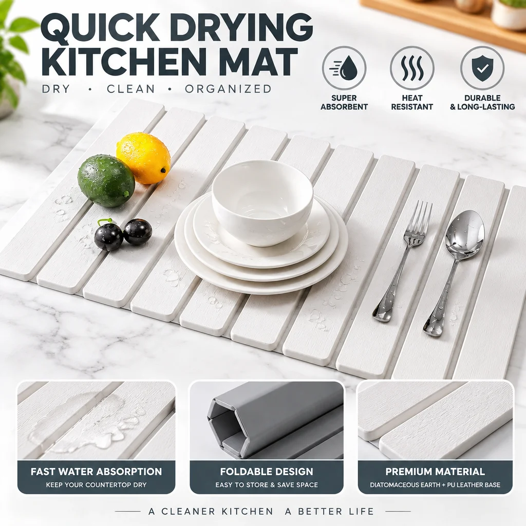 1/2SET Large Fast-Absorbent Collapsible Diatomaceous Earth Stone Dish Drying Mat, Quick-Drying for Kitchen Counter,Large