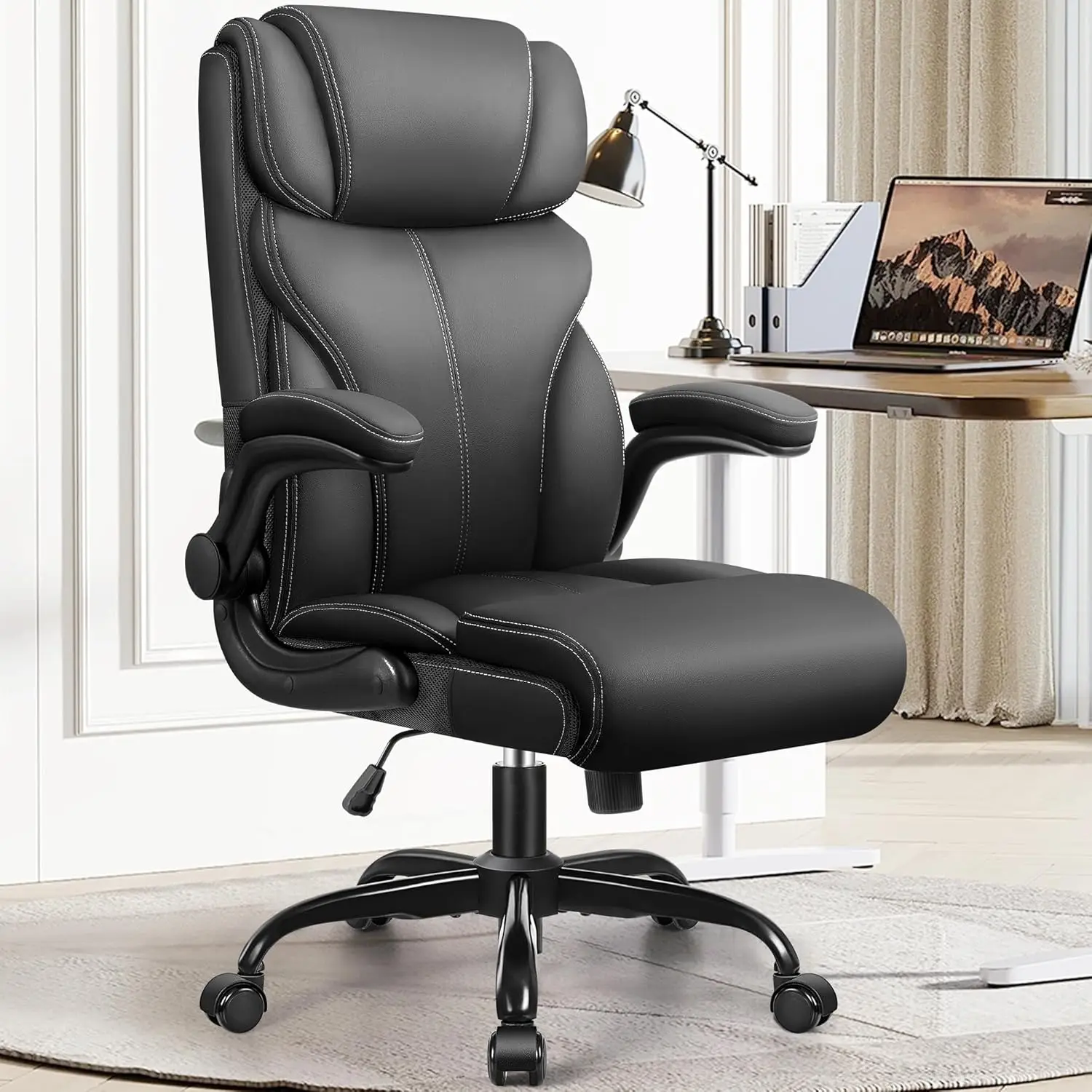 Breathable Leather Chair with Adjustable High Back Flip-up Armrests, Lumbar Support Swivel PC Chair with Rocking Function