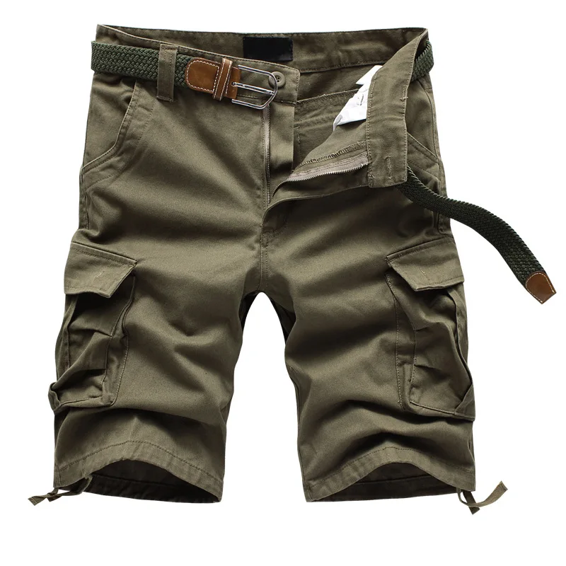 Summer Cotton Cargo Shorts Men Multi Pocket Solid Color Mens Casual Shorts Fashion Military Knee Length Short Pants No Belt