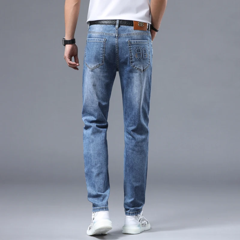 2024 new light luxury high-end personalized embroidery Slim small straight leg pants men\'s stretch versatile casual jeans