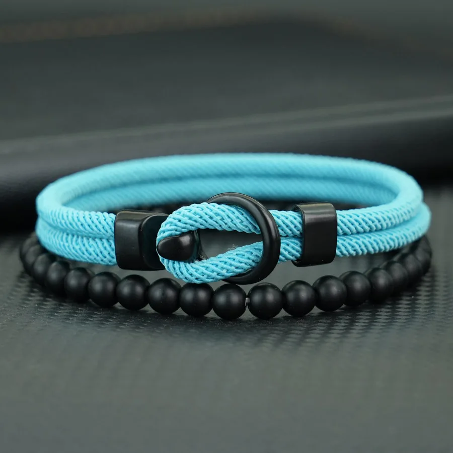 Charm 2Pcs/set Men Bracelet Apparel Accessories Bilayer Handmade Nylon Rope Braslet 6mm Onyx Stone Strand Braclet Homme Jewelry