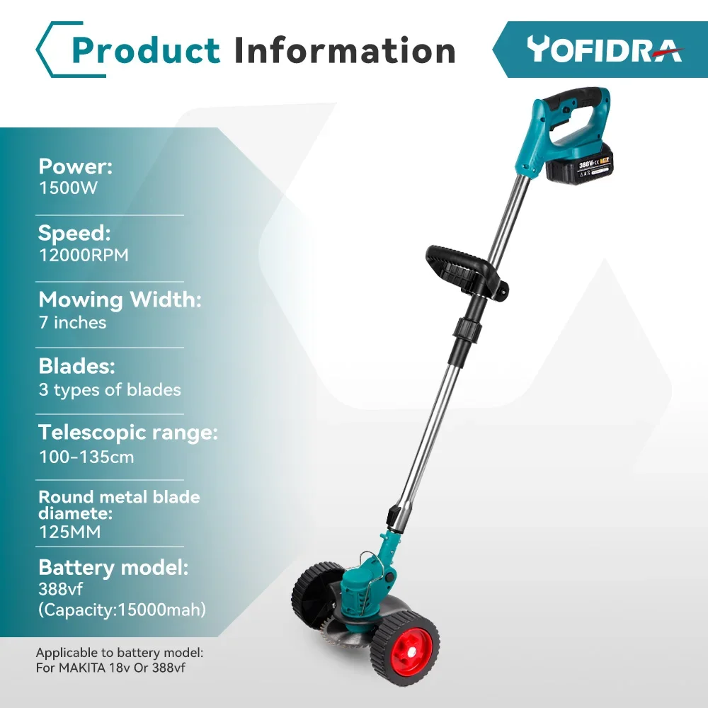 Yofidra 12000RPM Electric Folding Lawn Mower Cordless Grass Lawn Trimmer Adjustable Handheld Power Tool For Makita 18V Battery