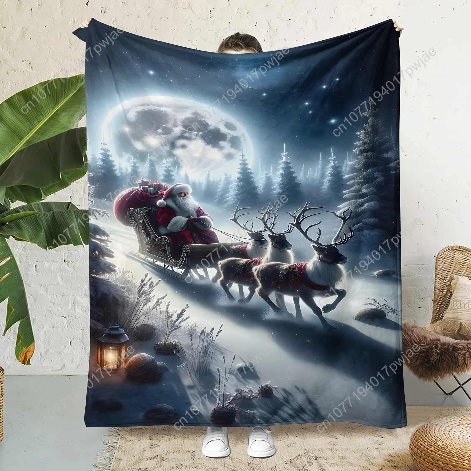 [All-Season Soft Flannel Throw] Bohemian Style Flannel Throw Blanket - Christmas Santa and Reindeer Pattern, All-Season Soft Kni