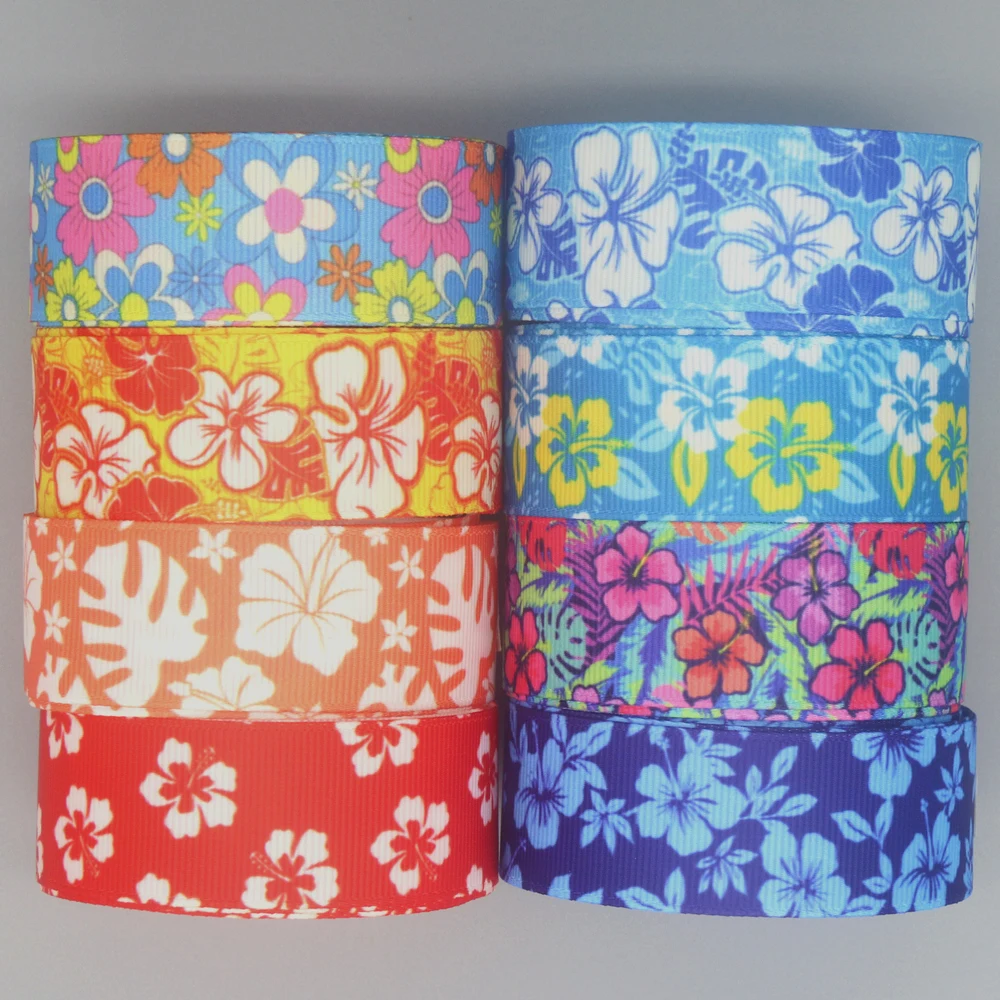 DHK 7/8'' 5yards Flower Floral Hawaii Printed Grosgrain Ribbon Accessories Material Headwear Decoration DIY Sewing Craft E2082