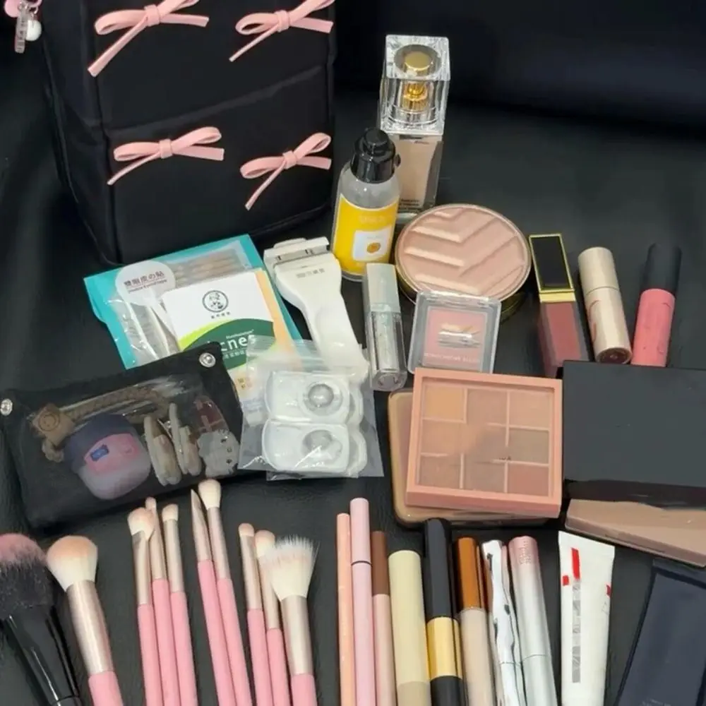 

Розовая нейлоновая вертикальная косметичка с бантом, пенал с отделениями, водонепроницаемая многофункциональная сумка для хранения косметики и уходовых средств