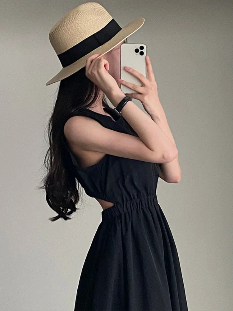 Gaganight Women O neck Back Hollowed Waist Vest Dress Korean Chic Summer Retro Temperament Slim Sleeveless Dresses Female