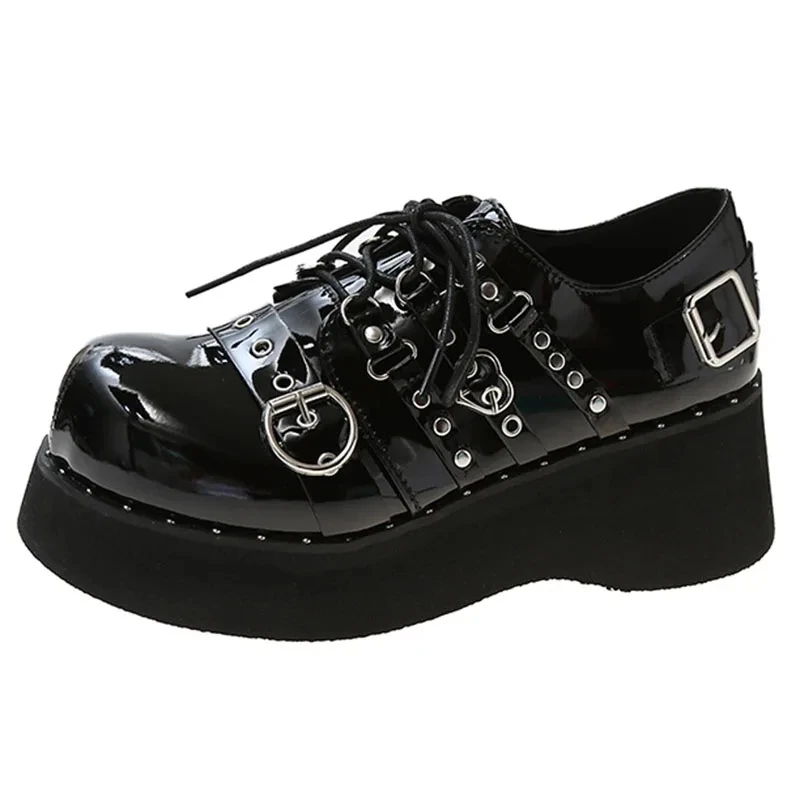 2024 New Rivet Chunky Platform Mary Janes Women Lace-Up Buckle Thick Bottom Flats Woman Japanese Style Punk Gothic Shoes Girls