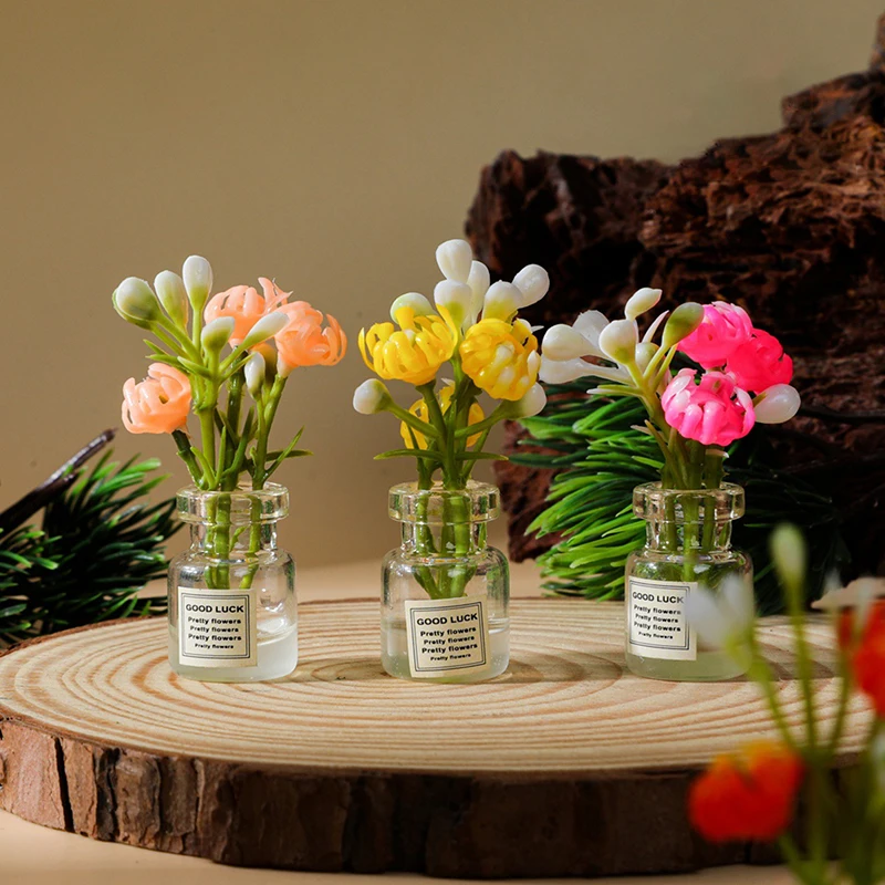 【BS】2 Peças Mini Vaso de Flores Acessórios para Casa de Bonecas Simulação Rosa Pink Jasmim Branco Mini Arranjo Floral Modelo Miniatura