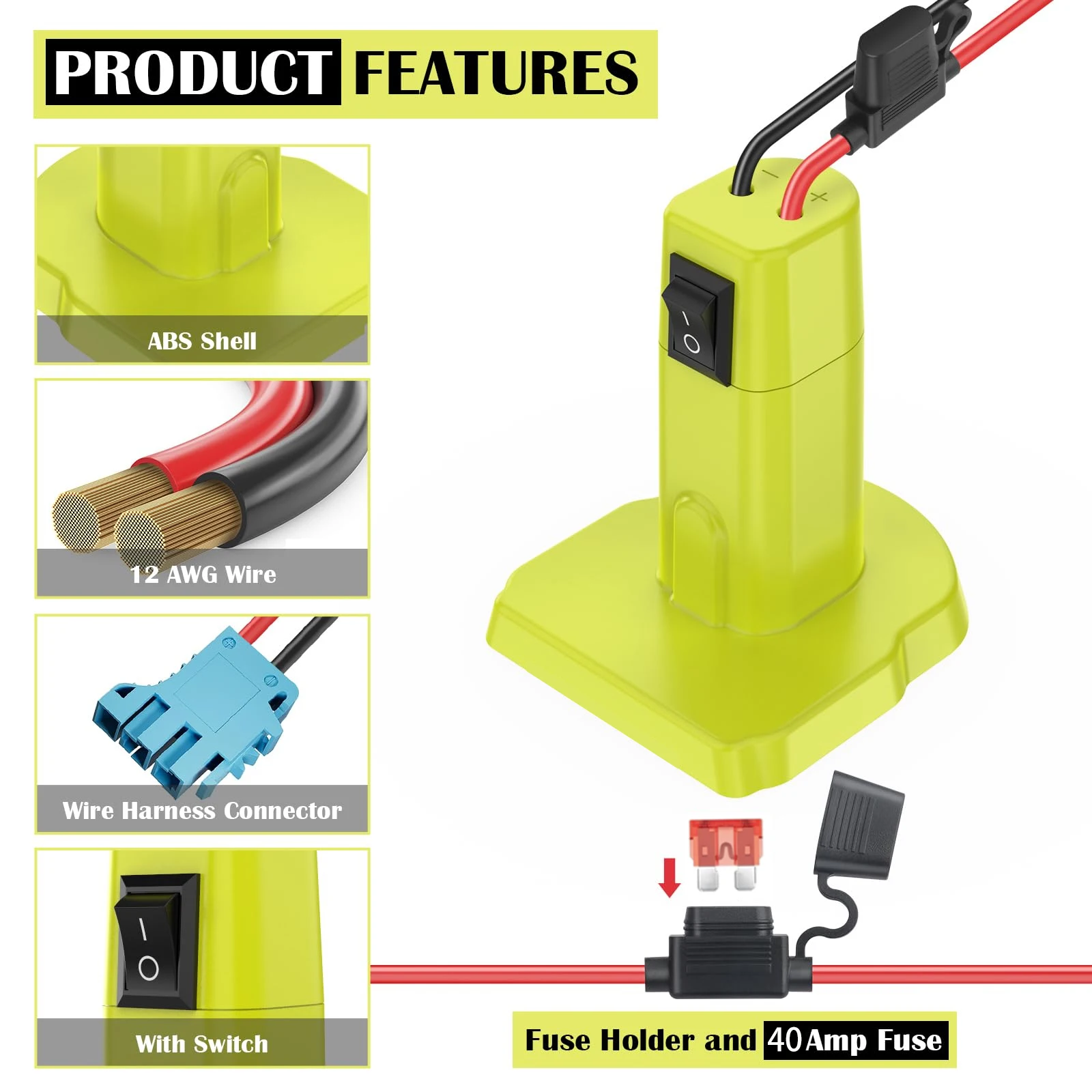 Power Wheels Adapter for Ryobi 18V Battery Adapter Power Wheels Battery Converter Kit with Fuse Switch Wire Harness Peg-Perego