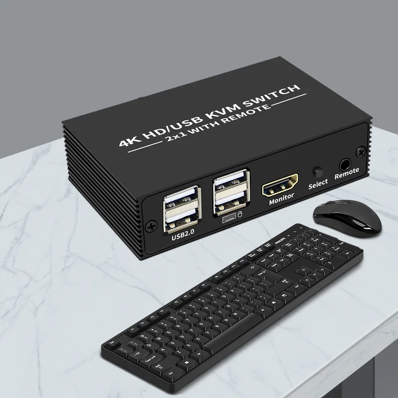 HDMI-compatible KVM Switch 2x1 4K USB Switch Selector 2 in 1 out with 4 Port USB Hub Desktop Controller Sharing Monitor Mouse K