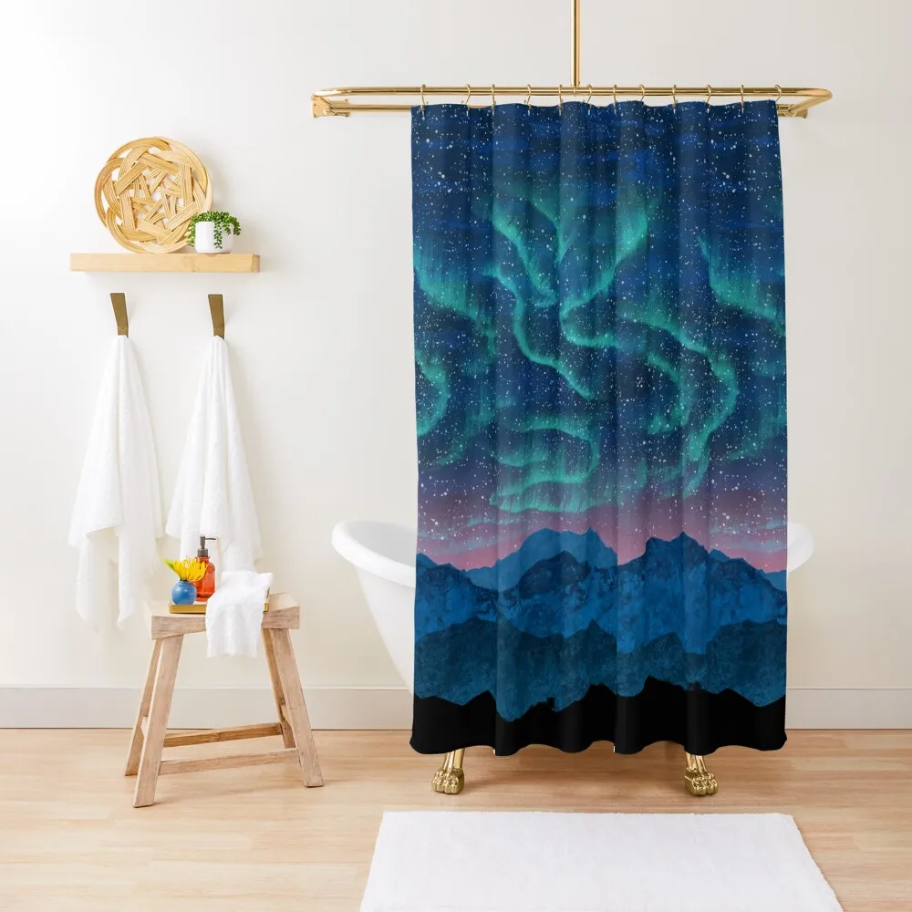 

Aurora borealis over mountains Shower Curtain Luxury Bathroom Shower Waterproof Luxury Bathroom Shower Curtain