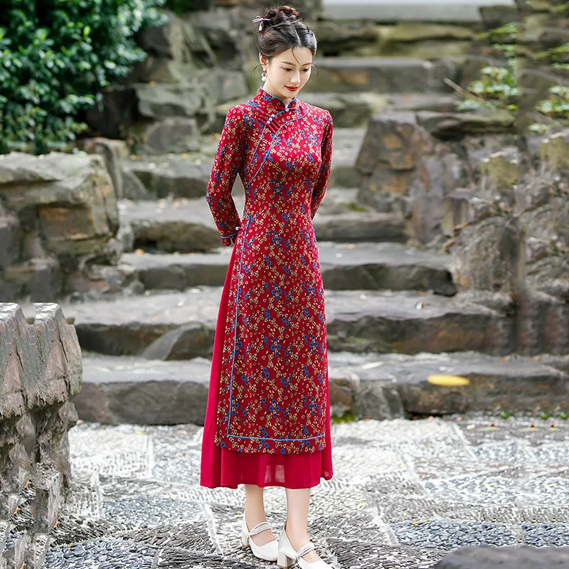 

Red National Style New Chinese Autumn Long Sleeved Improved Cheongsam Women's Retro Dress Spring and Autumn Qipao