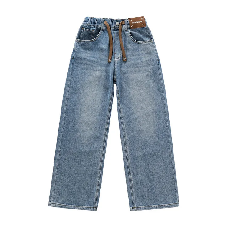 2025 جديد جينز بناتي عالي الجودة عتيق من قماش الدنيم بنطال ذو قصة أرجل واسعة ملابس أطفال بناطيل متينة غير رسمية لملابس المراهقين