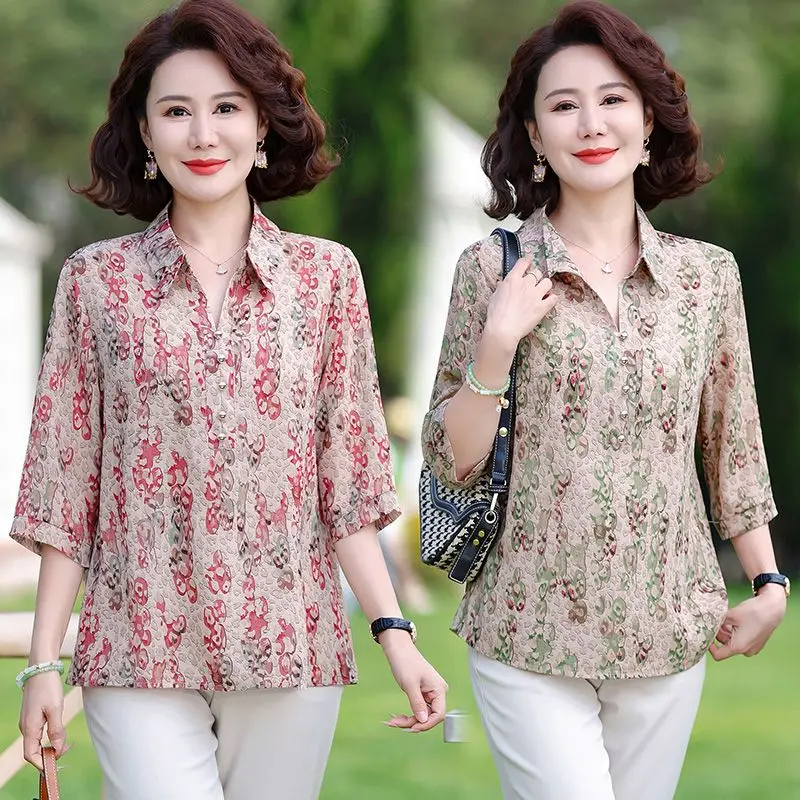 

Женская летняя новая рубашка, одежда для пожилых мам, пуловер без воротника, свободный летний топ большого размера с пятью рукавами