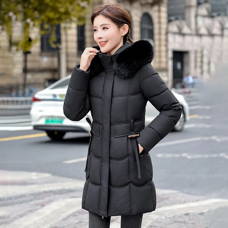 Hooded Women Parkas Coats Long Overcoat Solid Big Fur Lenth Collar Drawstring Waist Zipper Loose Thick Casual Autumn Winter 2025
