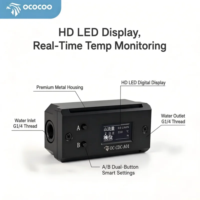 OCOCOO Gaming Enthusiast Water Cooling Flow Temp Level Gauge OLED Sensor Compact Metal Build G1/4 Thread For OC Liquid System