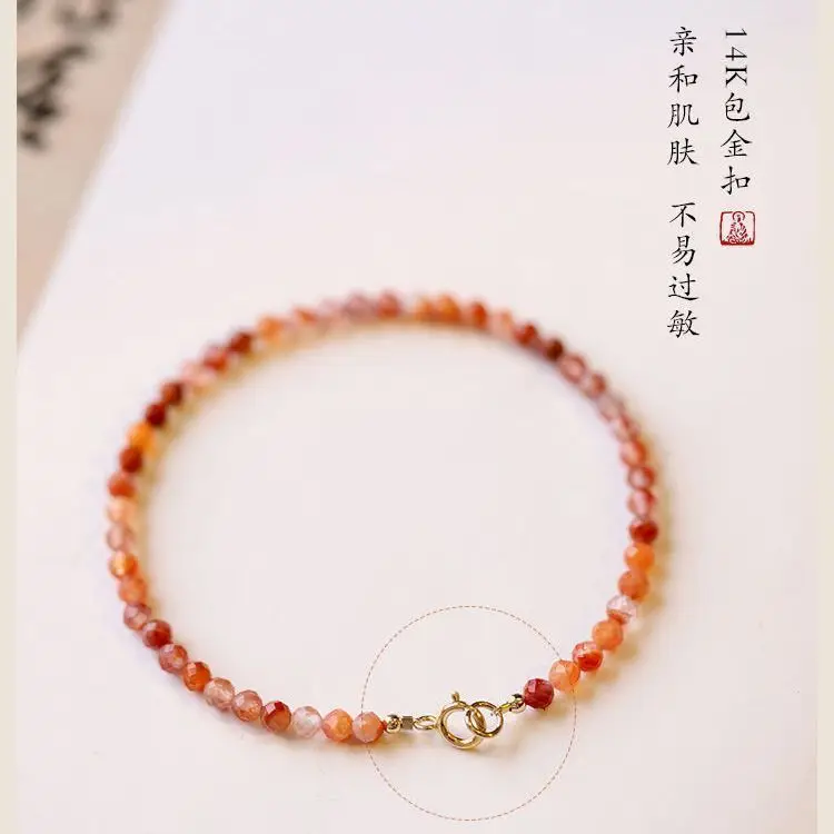 

3mm Super Faceted Natural Southern Red Agate Bracelet Women's Ultra-fine Bracelet Winter Ice Floating Persimmon Retro Style Gift