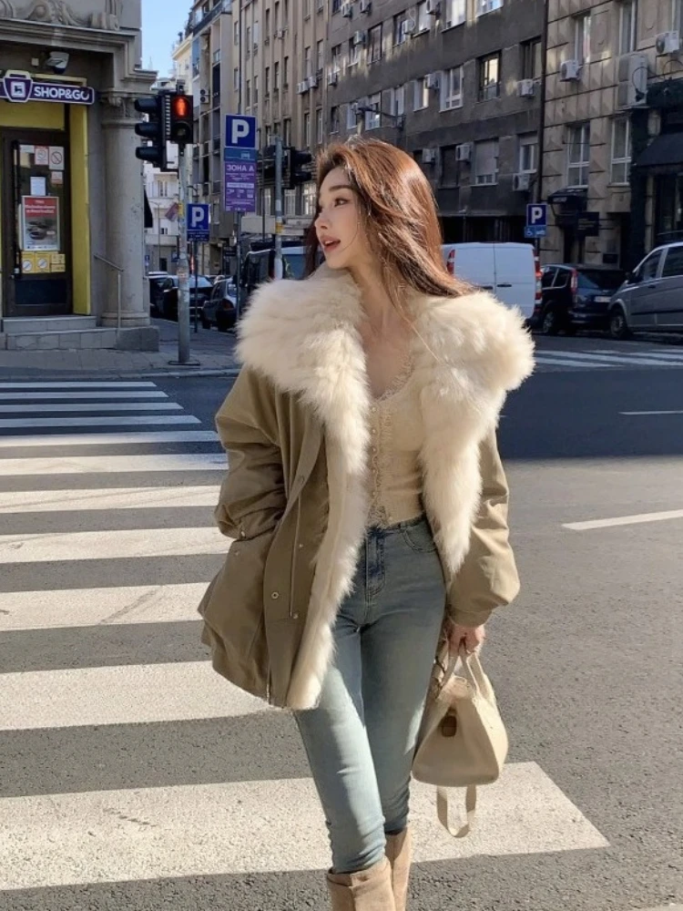 

Vintage Faux Fur Parkas Women 2000s American Vintage Coats with Hooded French Elegant Warm Clothing Tops Winter Jackets