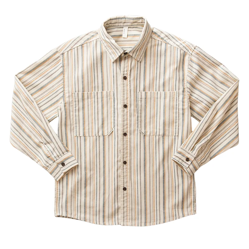 

Осень 2023, новая вельветовая полосатая рубашка в американском стиле ретро с отложным воротником и длинными рукавами, мужские модные повседневные блузки с двойными карманами