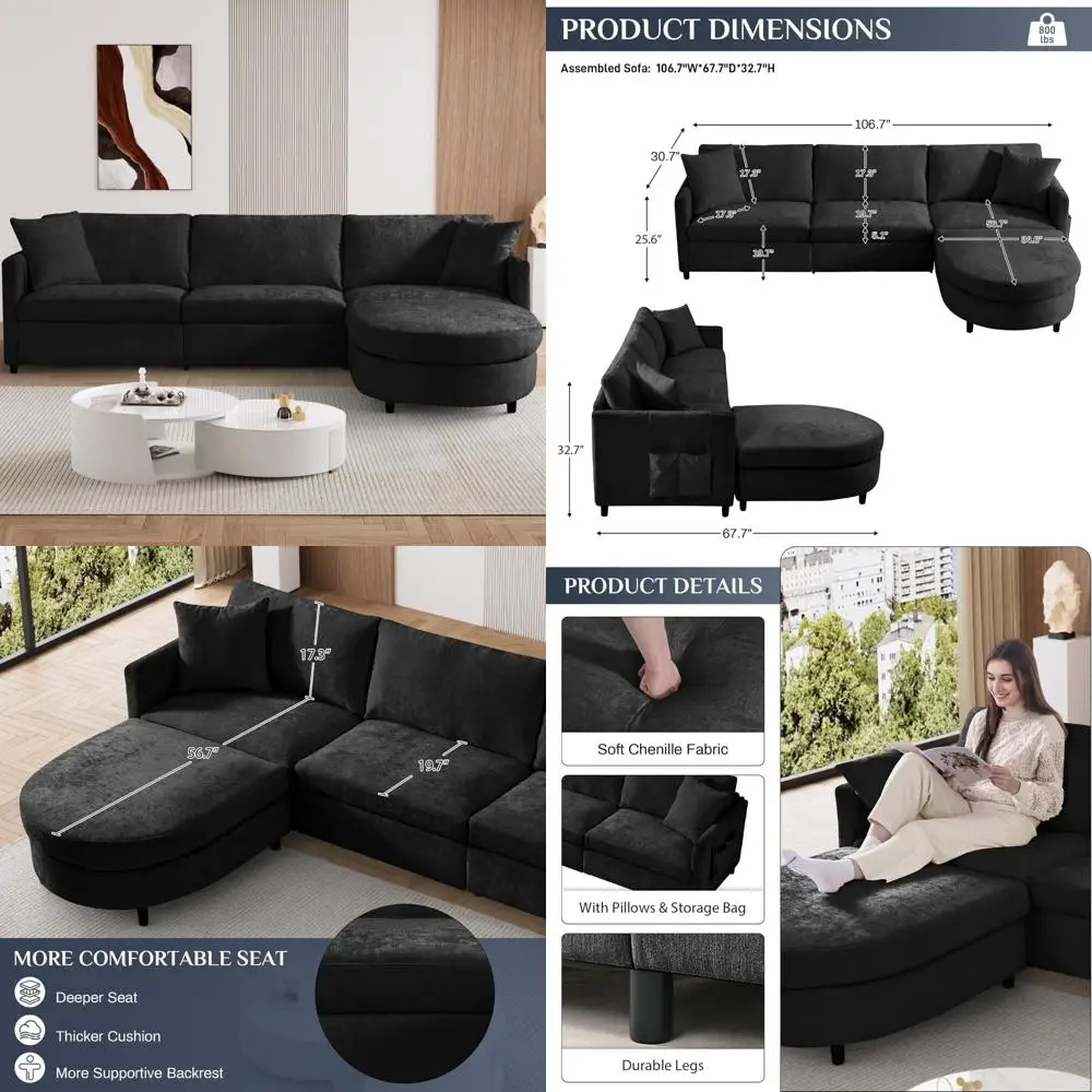 

L-образный секционный диван, 106,7, удобный 4-местный диван из синели с глубоким сиденьем, раскладной пуфик и 2 подушками, Modern Des