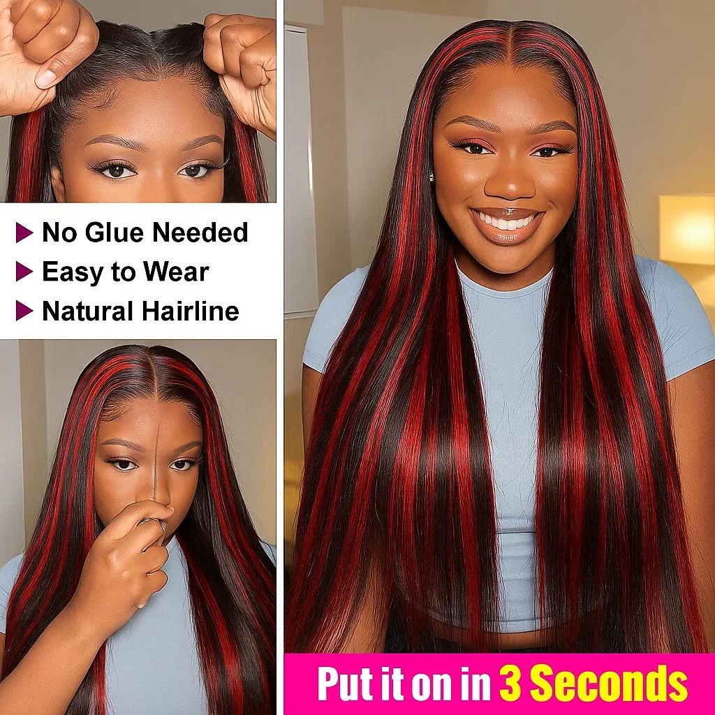 Highlight Lace Closure Wigs Human Hair Bone Straight Red With Black No Silk 5x5 Glueless Lace 1B/99J Colored  Wig Pre Plucked