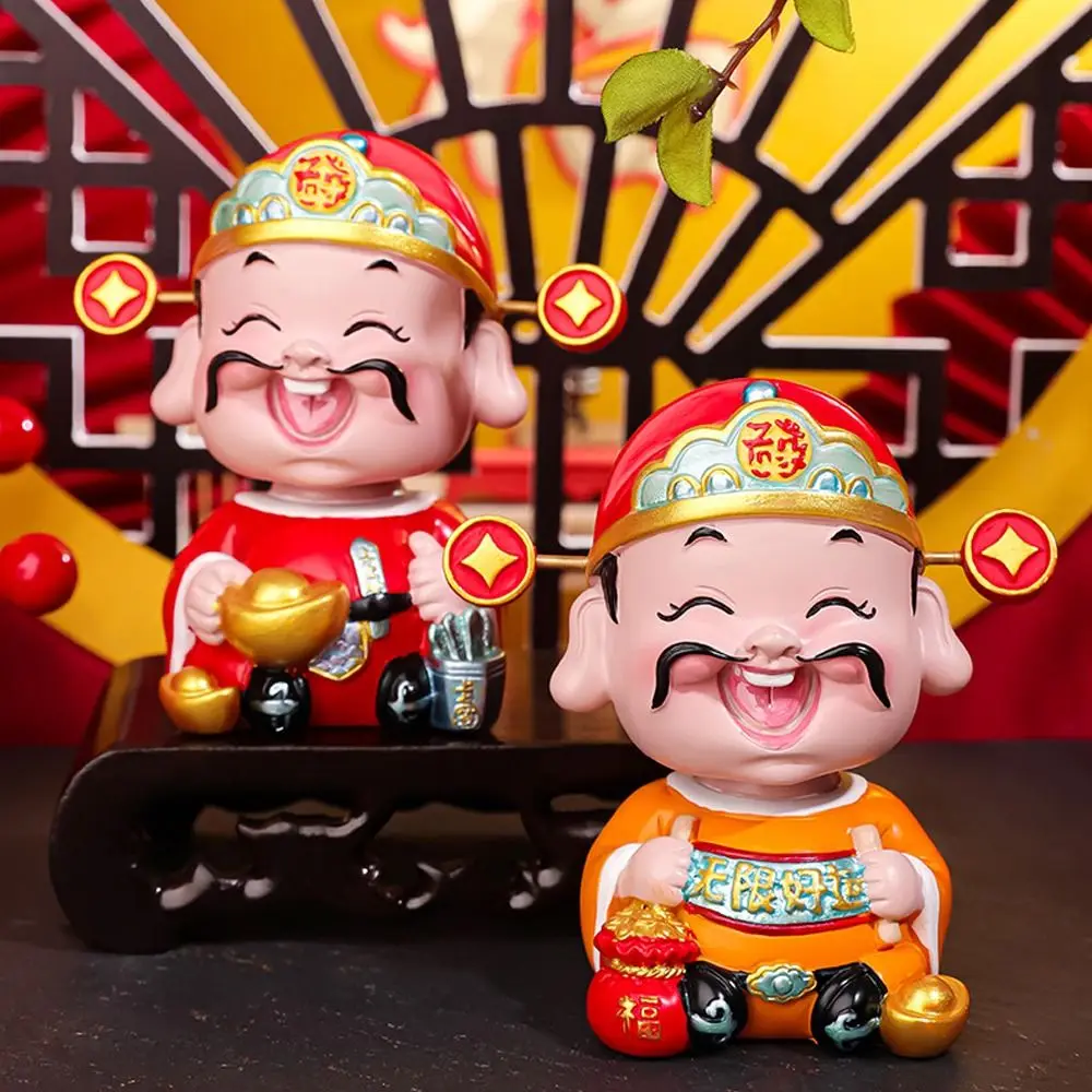 Cartoon Chinese God of Wealth Figurine Blessing Mini God of Fortune Figurine Resin Lucky New Year Statue Desktop Car Ornament