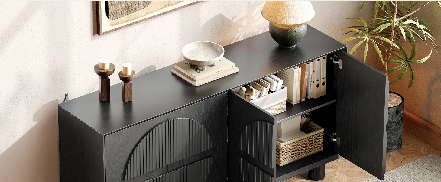 ONBRILL 63 Inch (160cm) Modern Fluted Buffet Cabinet - Storage Sideboard w/Push-Spring Doors, Entryway Dresser, Black