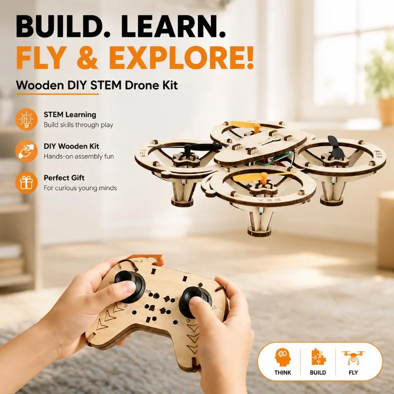 Wooden DIY Assembly RC Quadcopter Kit Educational Science Toy Remote Control Aircraft Model Buildable Drone Puzzle Learning Gift