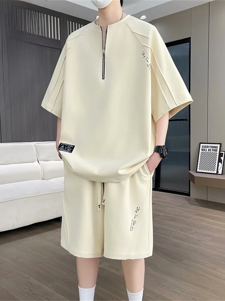 conjunto-deportivo-para-hombre-camiseta-de-manga-corta-y-pantalones-cortos-atuendo-casual-de-verano-con-media-cremallera-para-adolescentes-mezcla-de-poliester